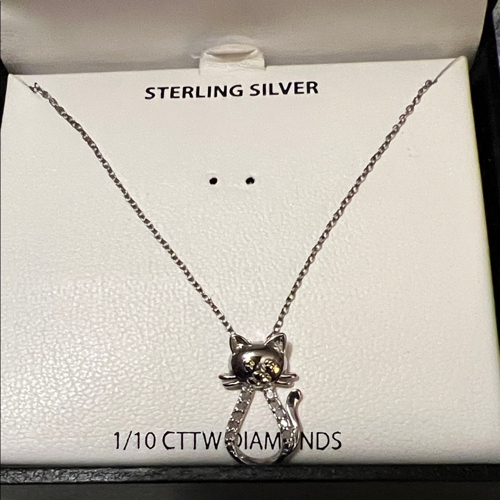 Macy's Sterling Silver Cat Necklace with Diamond Accents